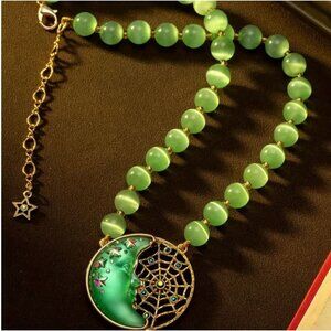 Green Glass Moon Necklace with Cat's Eye Beads Gold Tone
